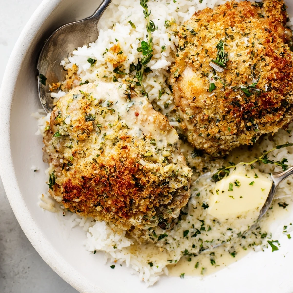 Golden Herb Crusted Chicken Thighs In Creamy Garlic Sauce With Rice, fragrant and comforting.