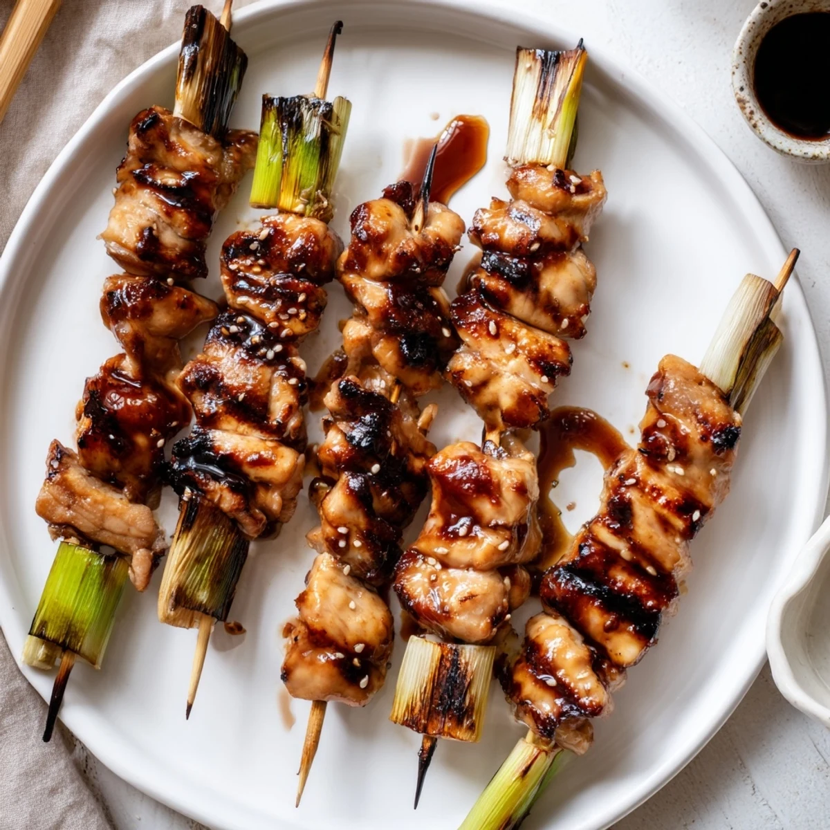 Grilled Japanese Chicken Yakitori Recipe served hot with sticky tare glaze, scallions