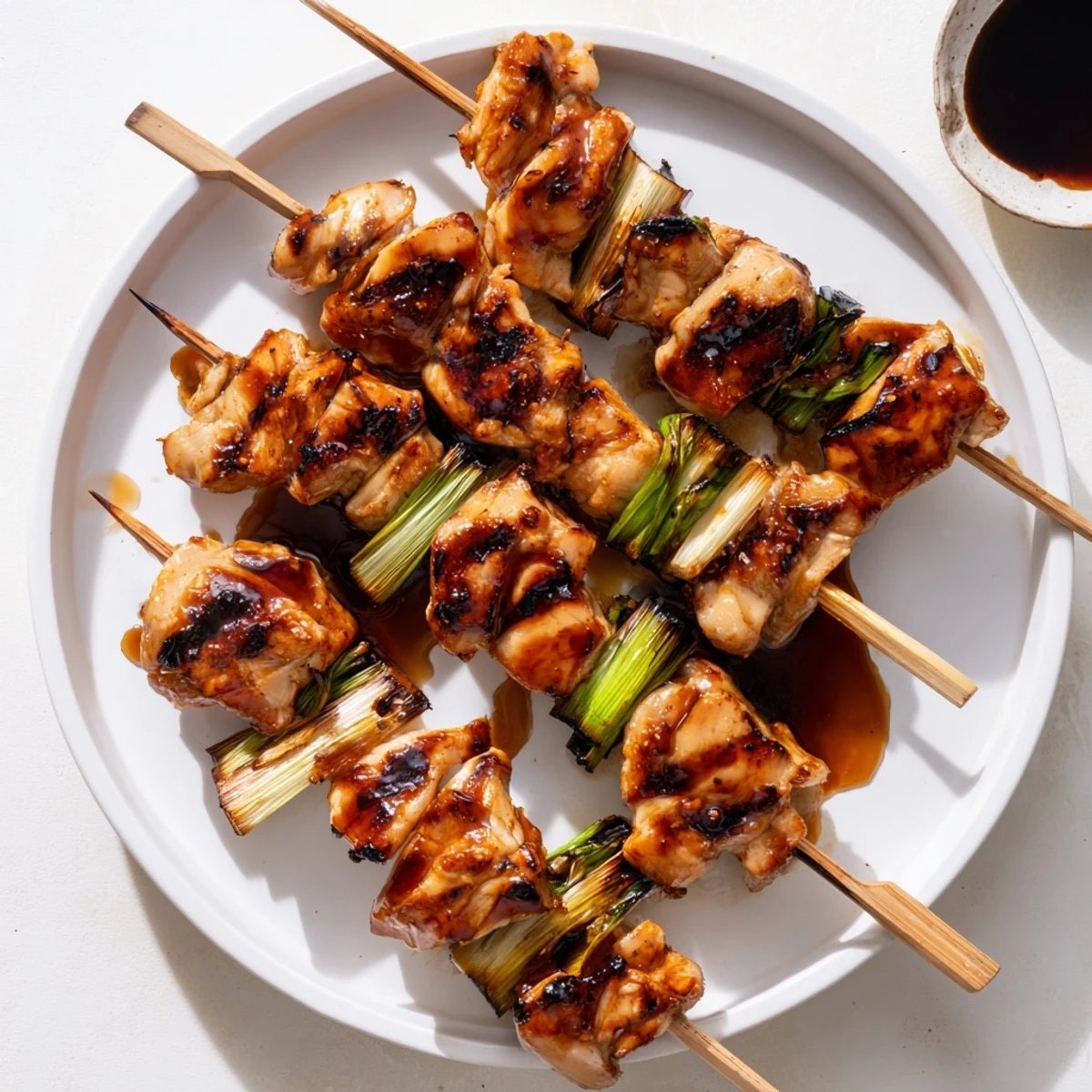 Tender skewers of Japanese Chicken Yakitori Recipe glazed and served beside rice