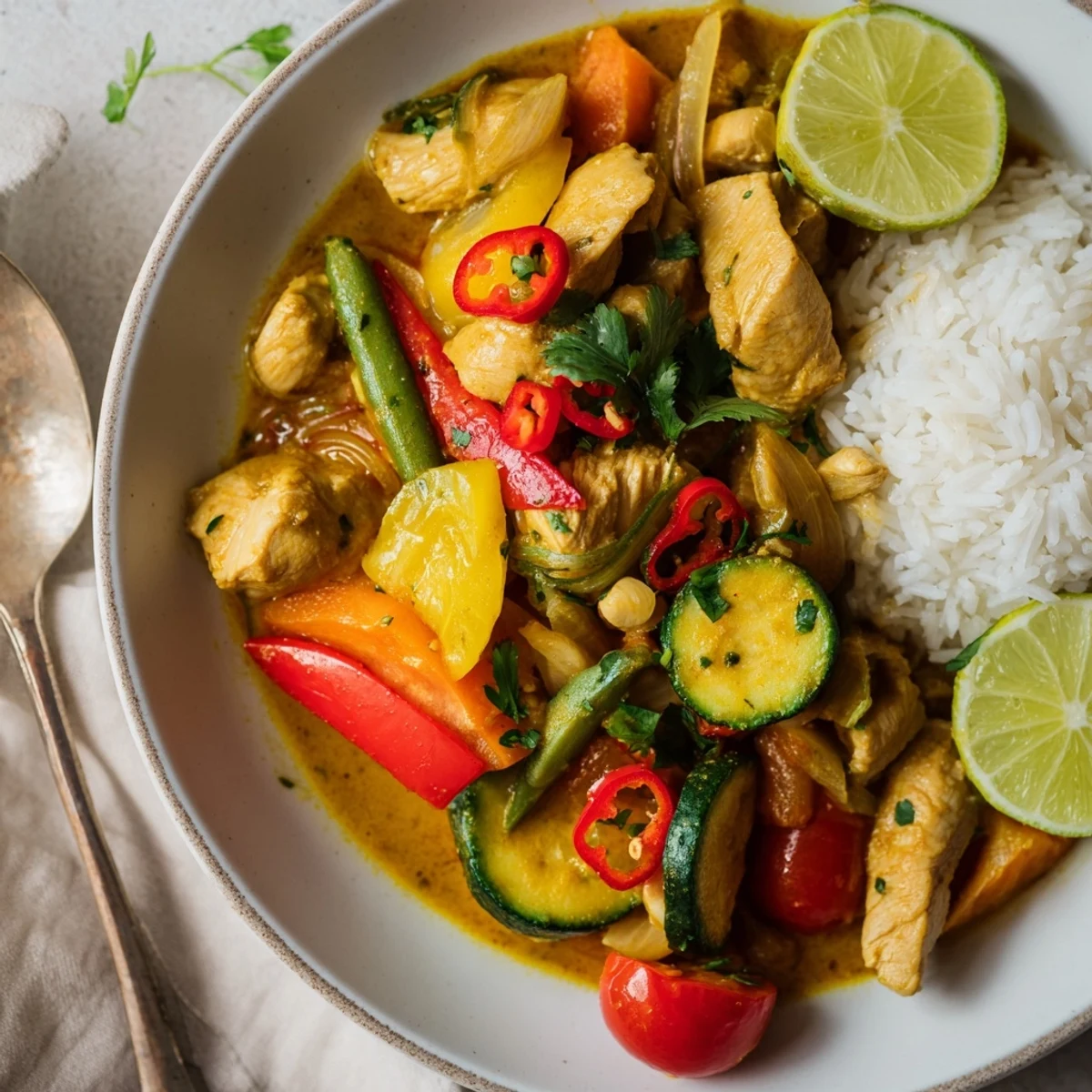 Spicy Summer Coconut Chicken Curry steaming over jasmine rice, creamy, tangy aroma