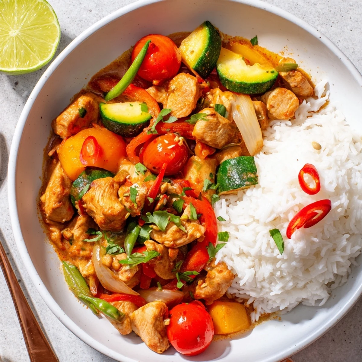 Bright Spicy Summer Coconut Chicken Curry served with lime wedges and cilantro