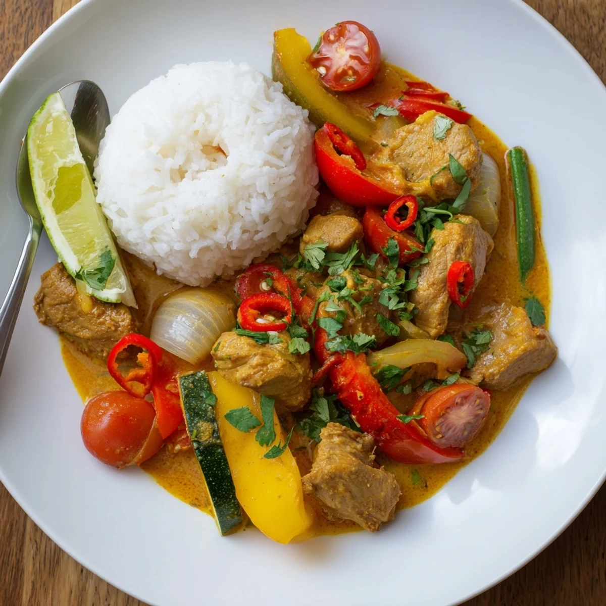 Homestyle Spicy Summer Coconut Chicken Curry sizzling in wok, fragrant ginger and garlic