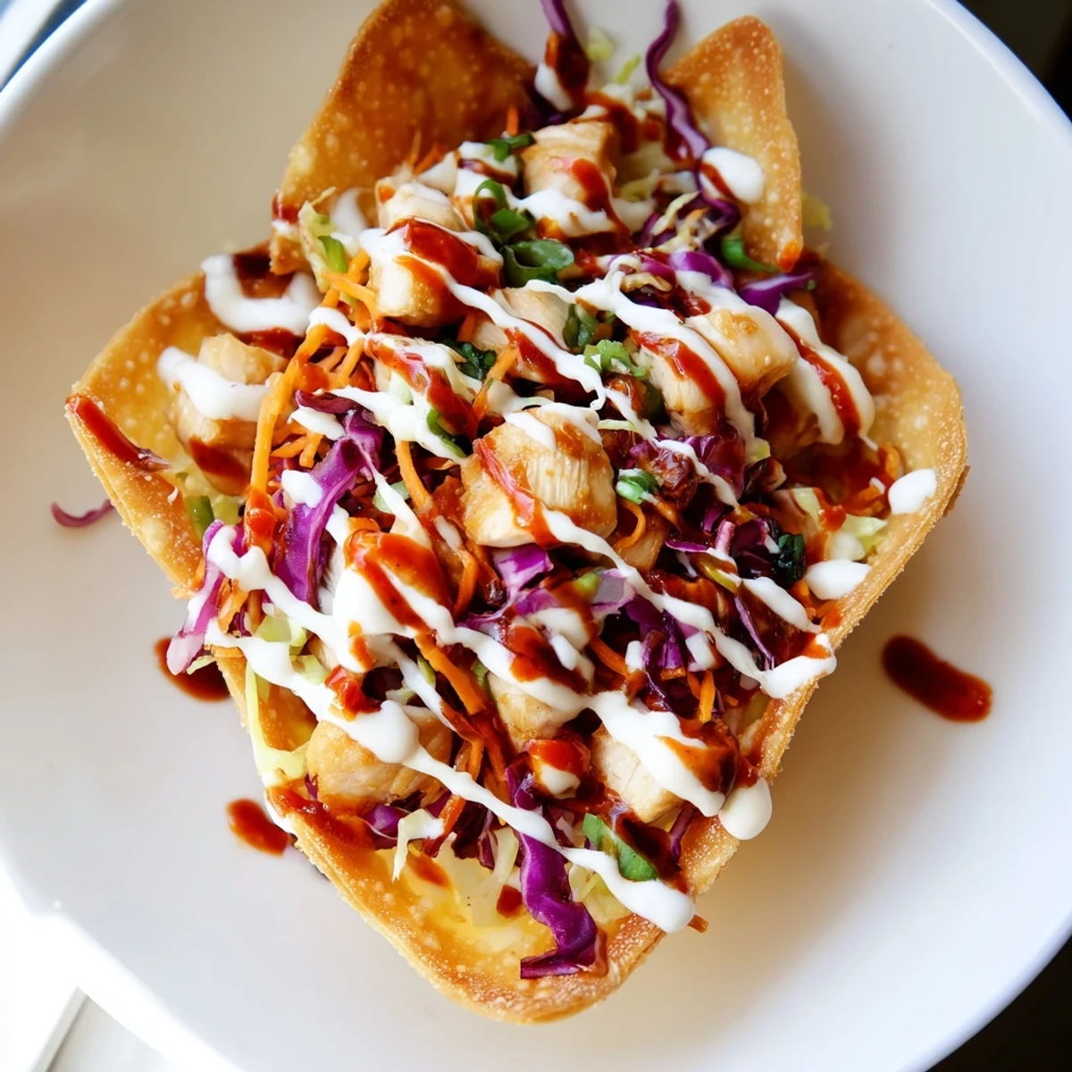 Golden crispy chicken wonton tacos topped with colorful purple cabbage slaw and spicy sriracha mayo drizzle