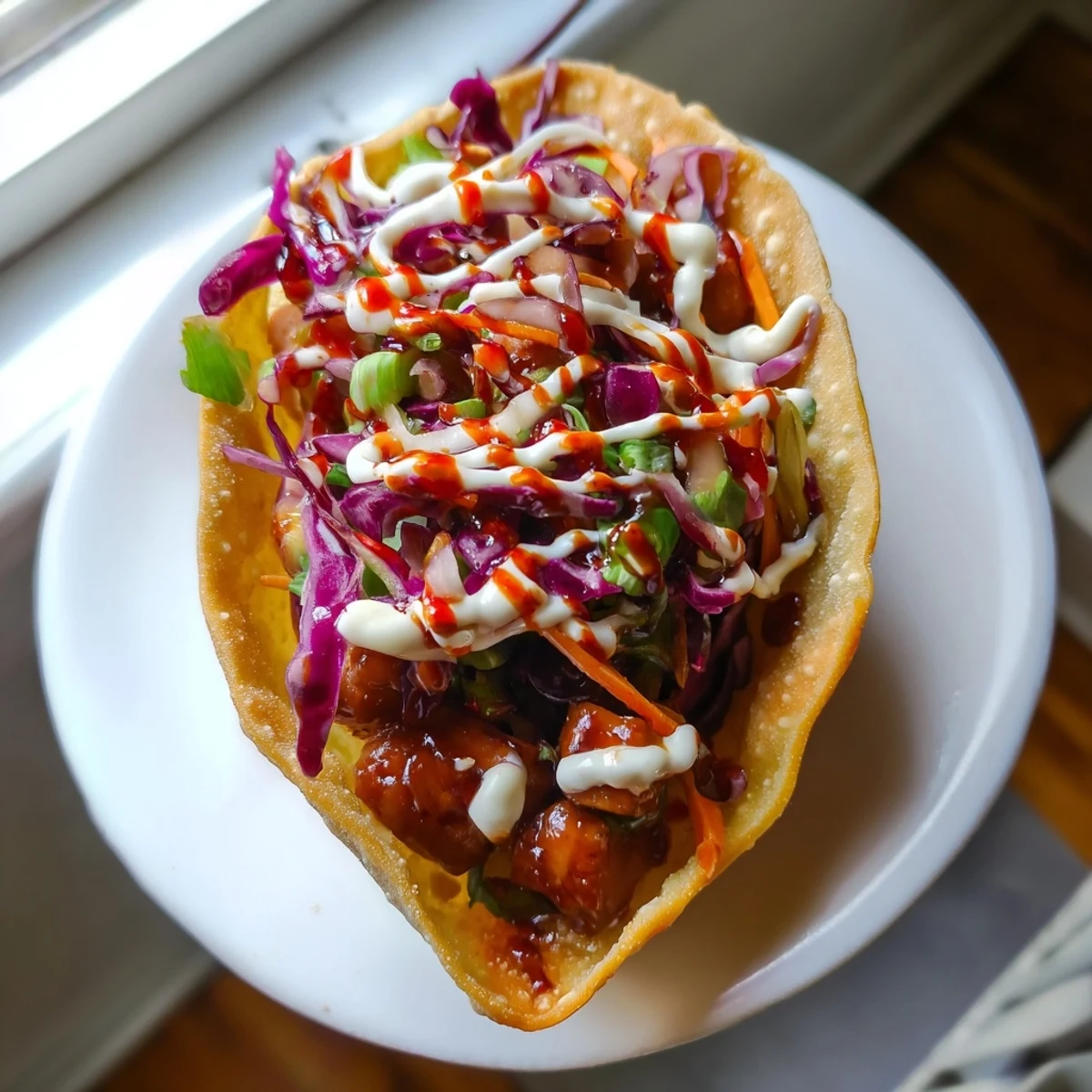 Handheld Asian-style tacos filled with savory seasoned chicken and tangy cabbage slaw finished with zesty sauce