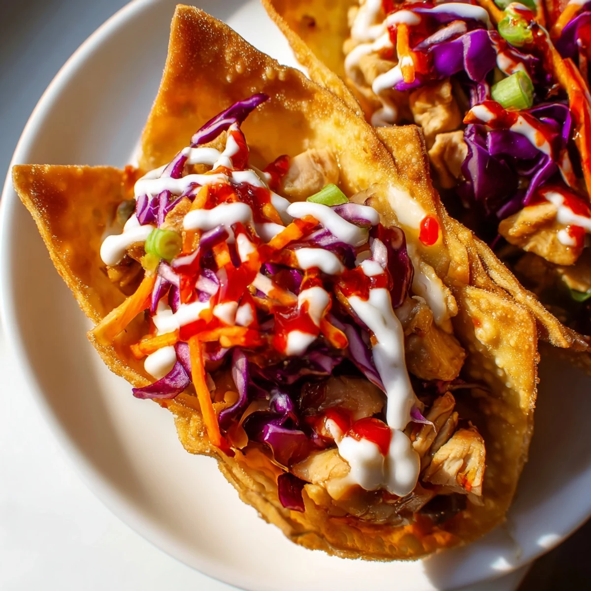 Fusion appetizer featuring juicy marinated chicken in baked wonton shells with fresh crunchy vegetable slaw topping