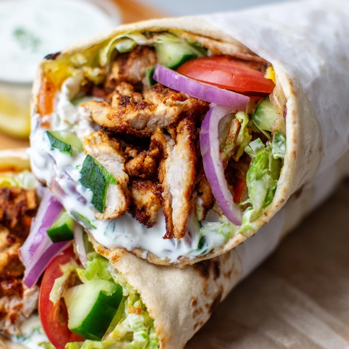Golden spiced garlic chicken shawarma wrap with fresh vegetables and creamy garlic sauce