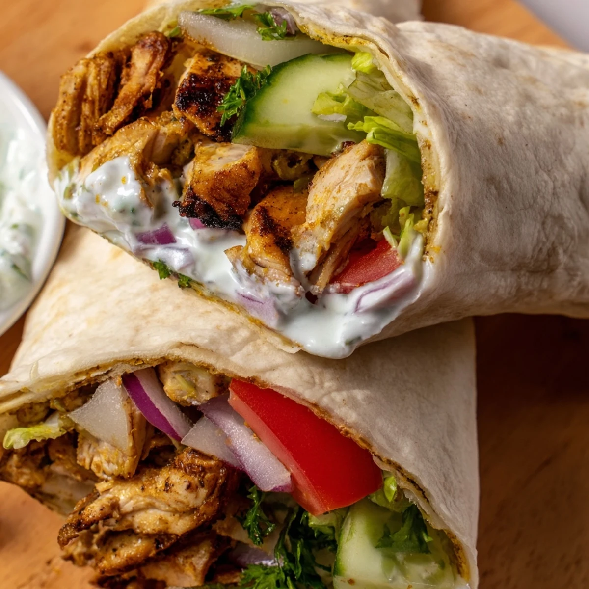 Sliced garlic chicken shawarma wrap layered with crisp lettuce tomatoes and tangy sauce