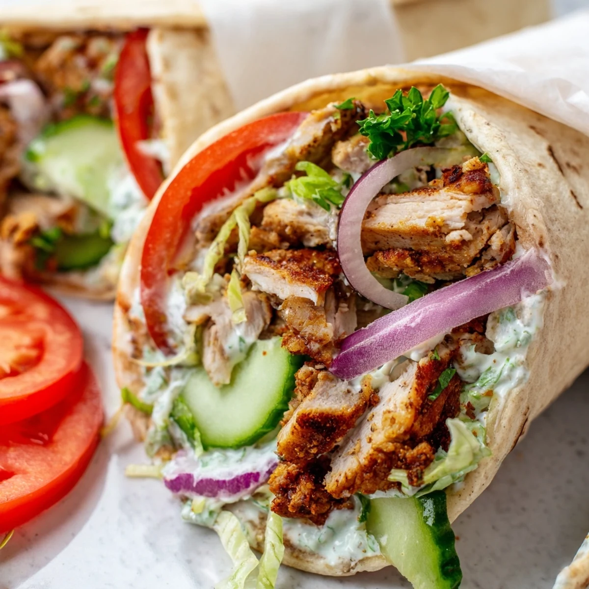 Middle Eastern garlic chicken shawarma wrap rolled with juicy spiced meat and crunchy toppings