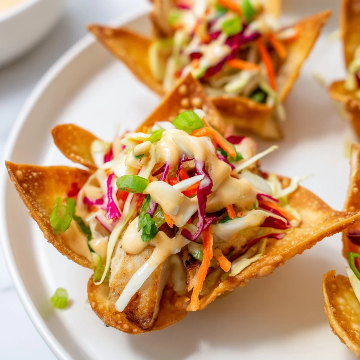 Golden crispy Asian chicken wonton tacos topped with colorful crunchy slaw and tangy sriracha mayo drizzle