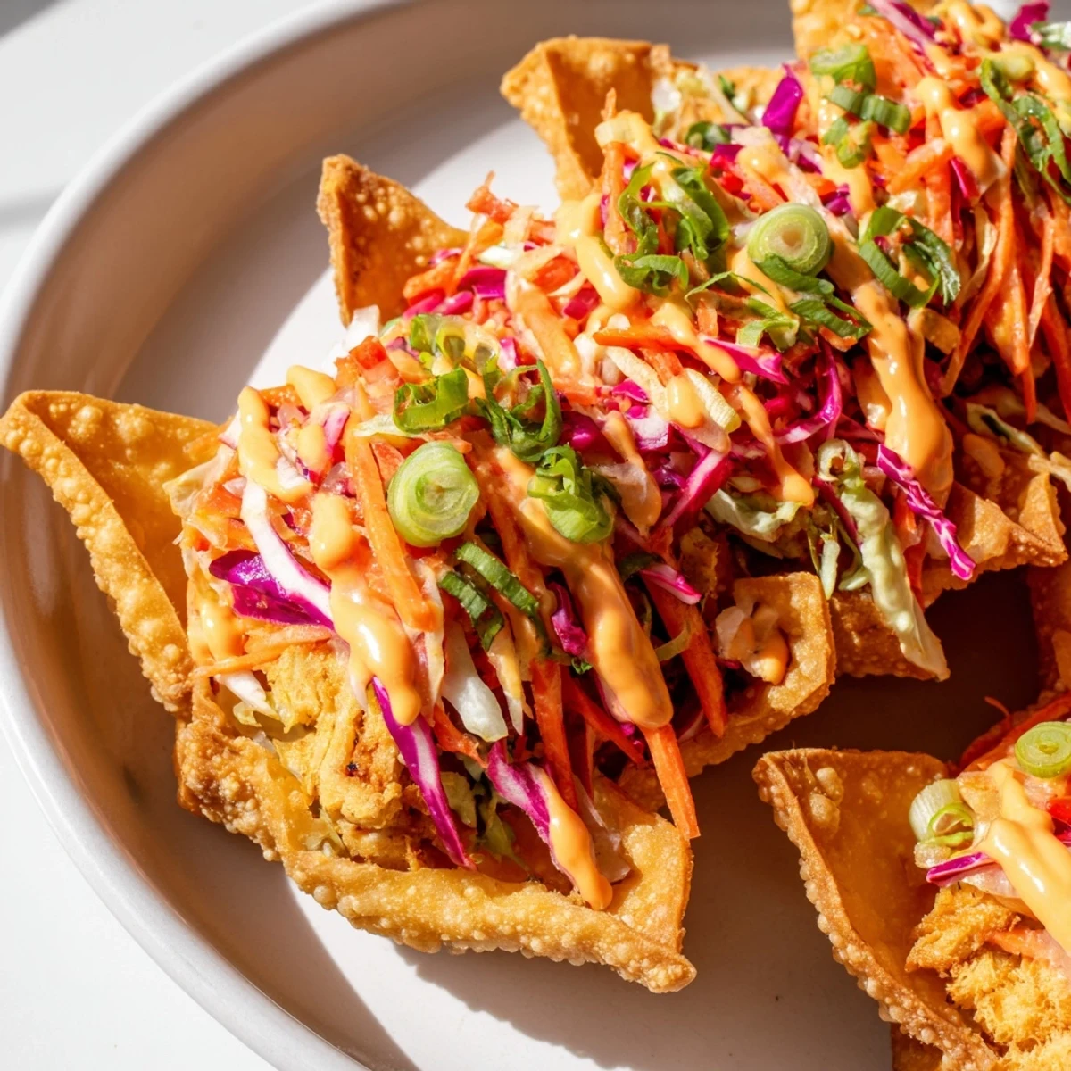 Fusion Asian chicken wonton tacos filled with savory caramelized chicken and fresh purple green cabbage slaw