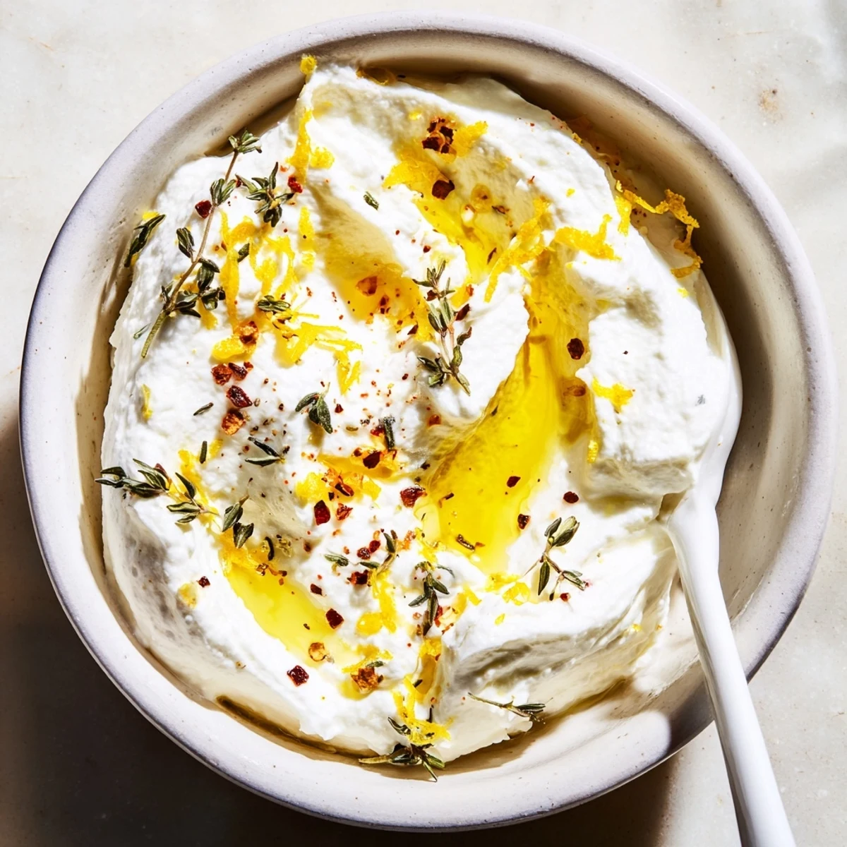 Creamy whipped ricotta spread drizzled with olive oil and topped with fresh herbs in a white serving bowl
