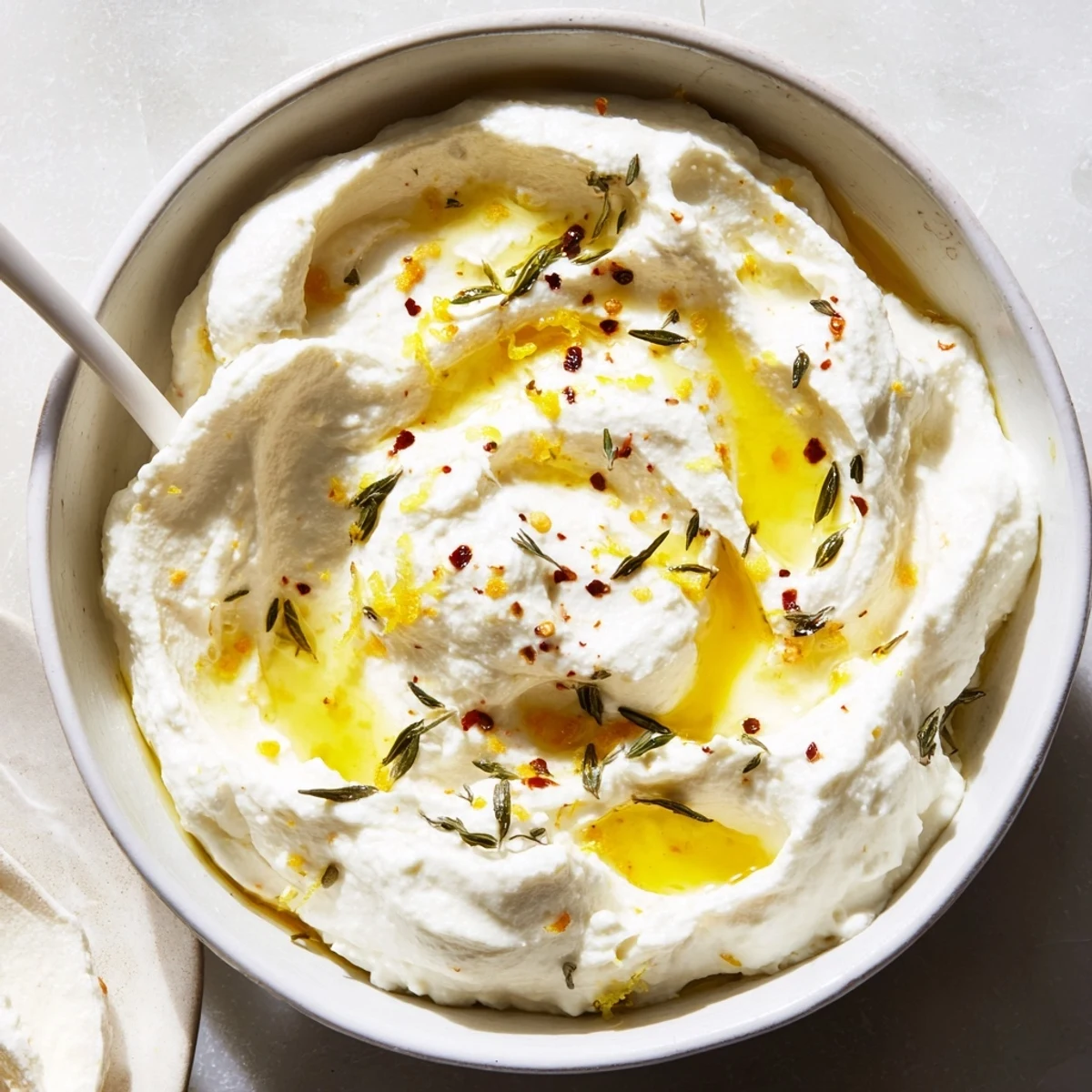 Light and fluffy whipped ricotta appetizer served with toasted bread crostini and honey on a rustic wooden board