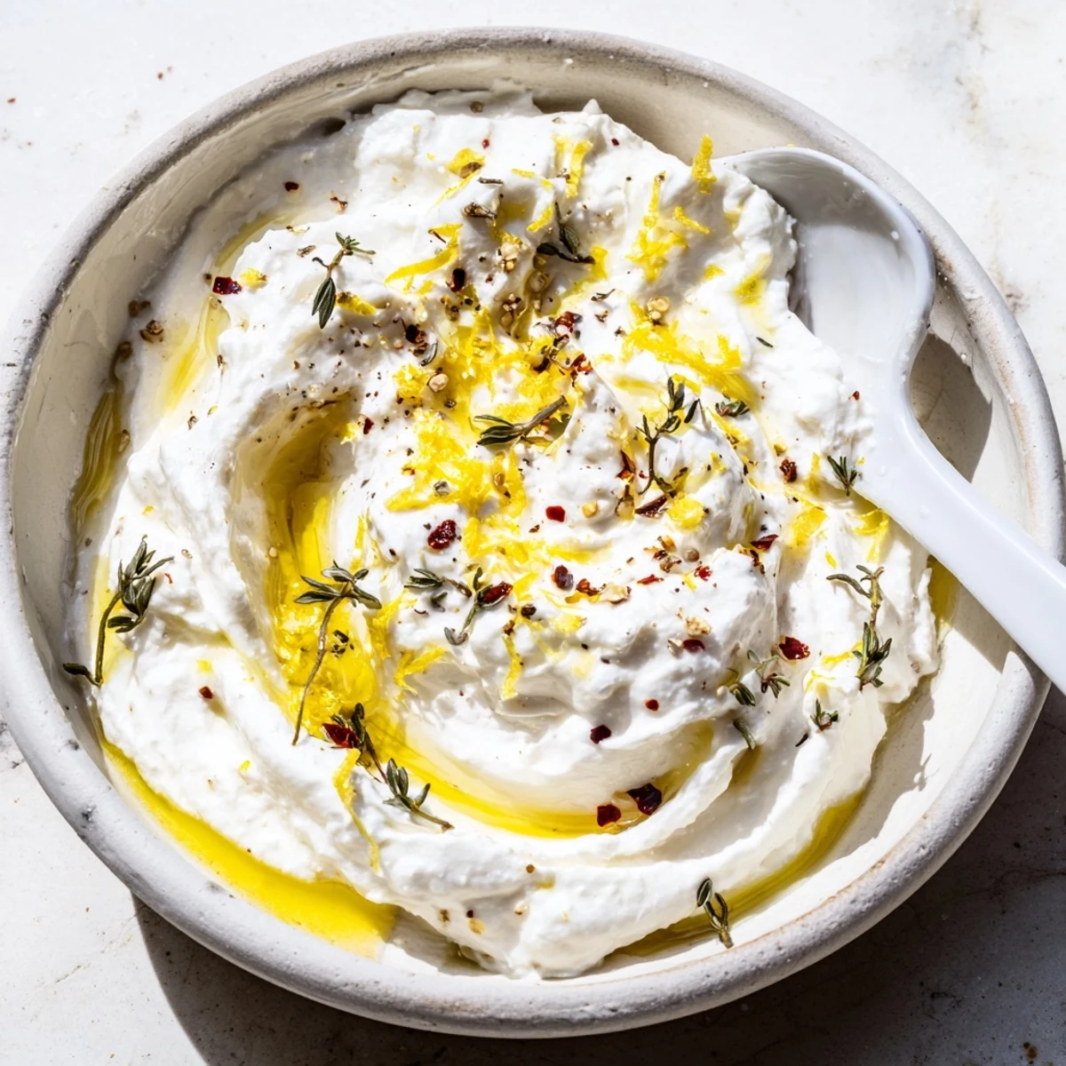 Velvety smooth whipped ricotta dip garnished with lemon zest and red pepper flakes alongside crackers for entertaining