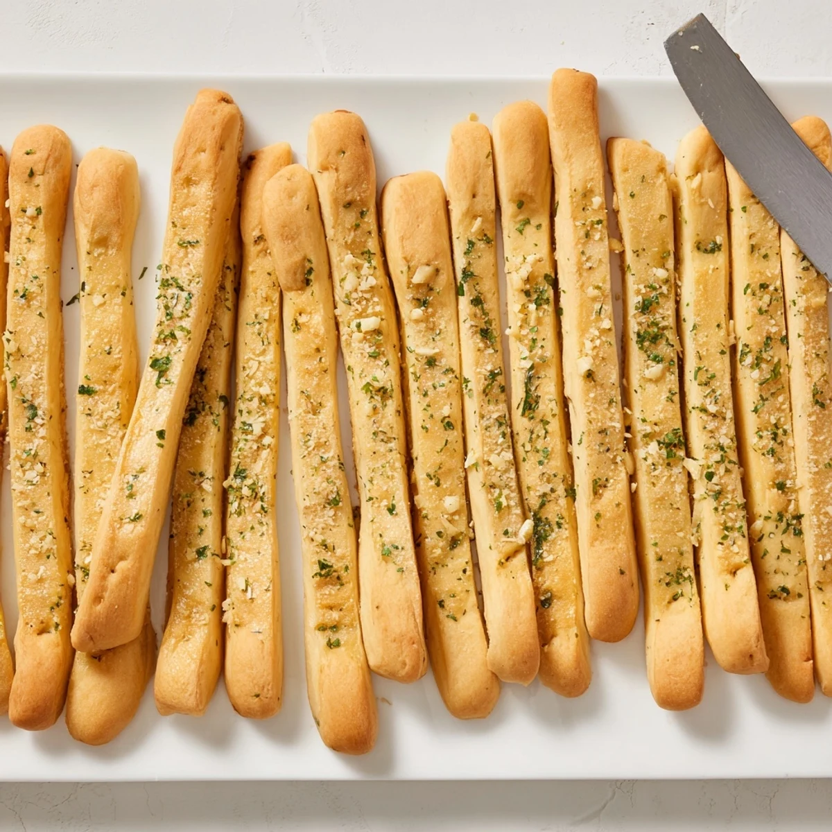 Golden homemade garlic breadsticks fresh from the oven brushed with melted butter