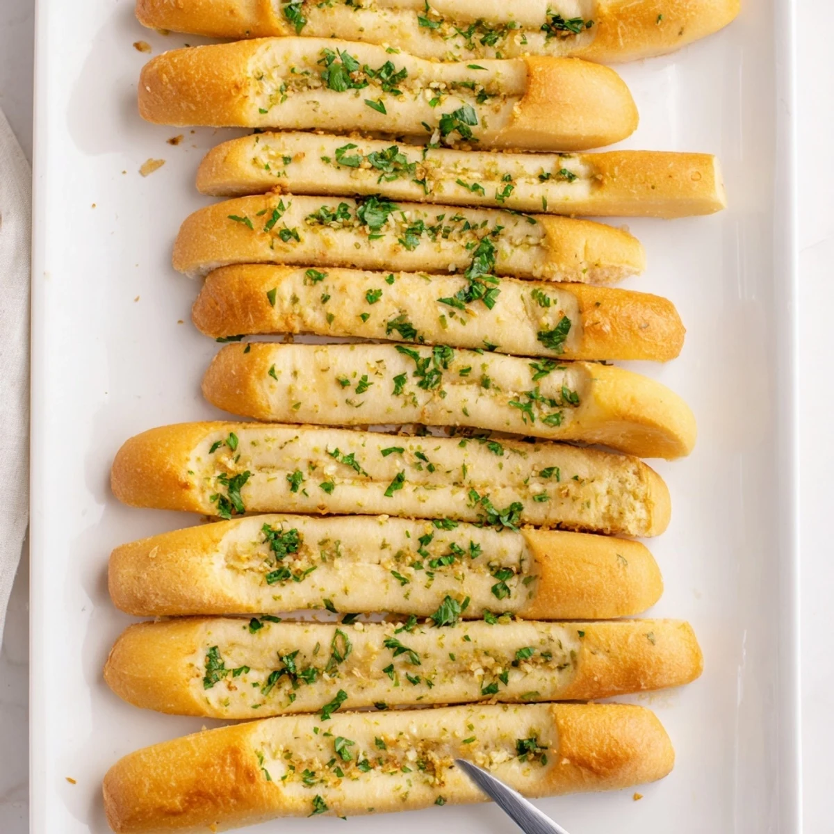 Fluffy Italian garlic breadsticks sprinkled with parsley on a white serving plate