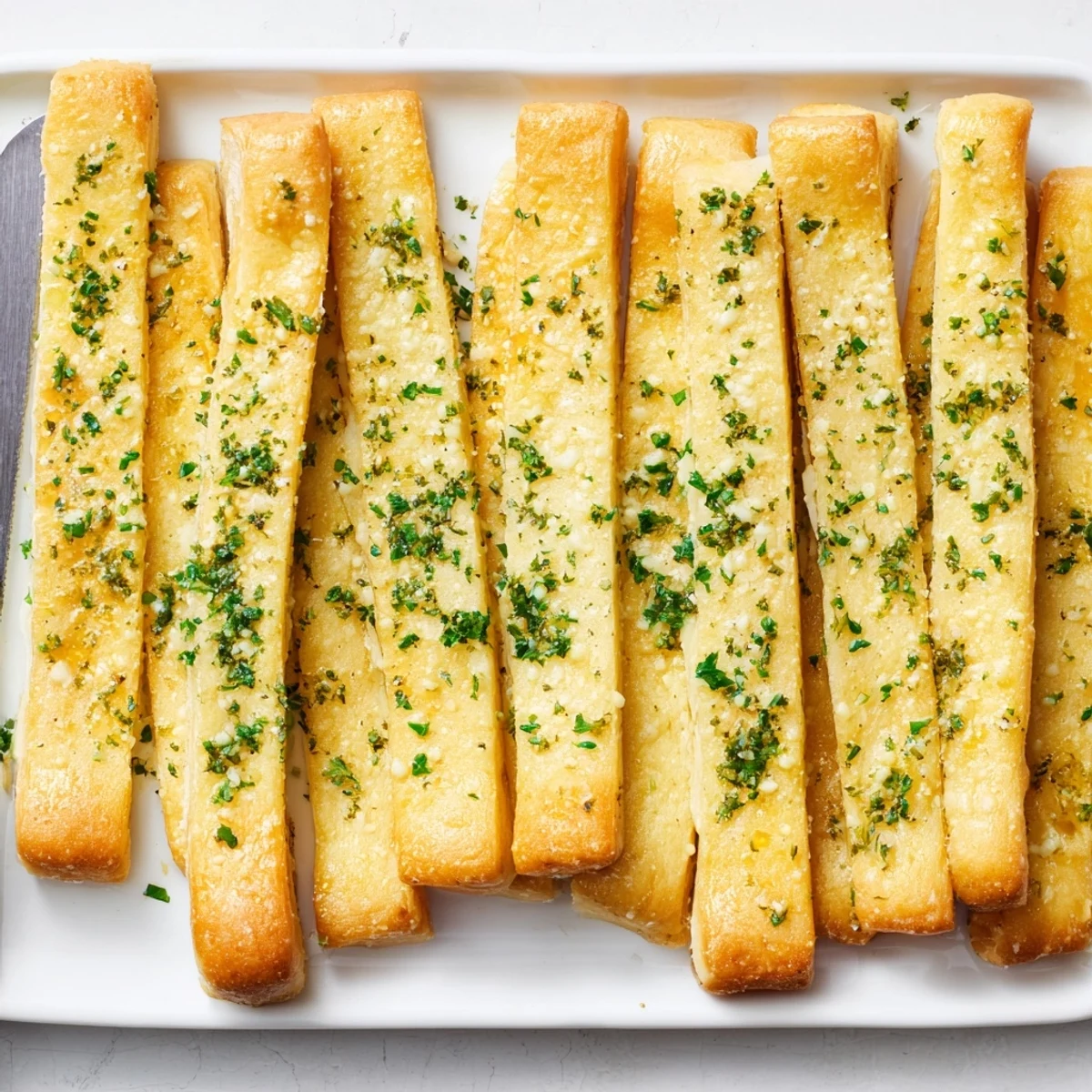 Warm oven-baked garlic breadsticks arranged on a rustic wooden board with marinara