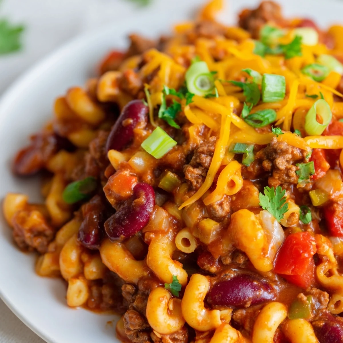 Hearty chili mac and cheese dish topped with fresh cilantro and extra shredded cheese