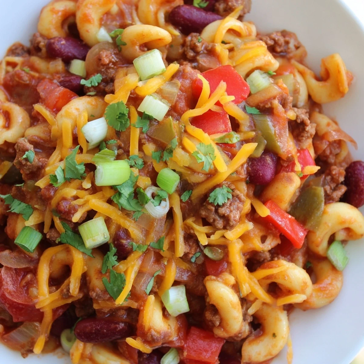 Steamy bowl of chili mac and cheese loaded with ground beef, kidney beans, and melted cheddar