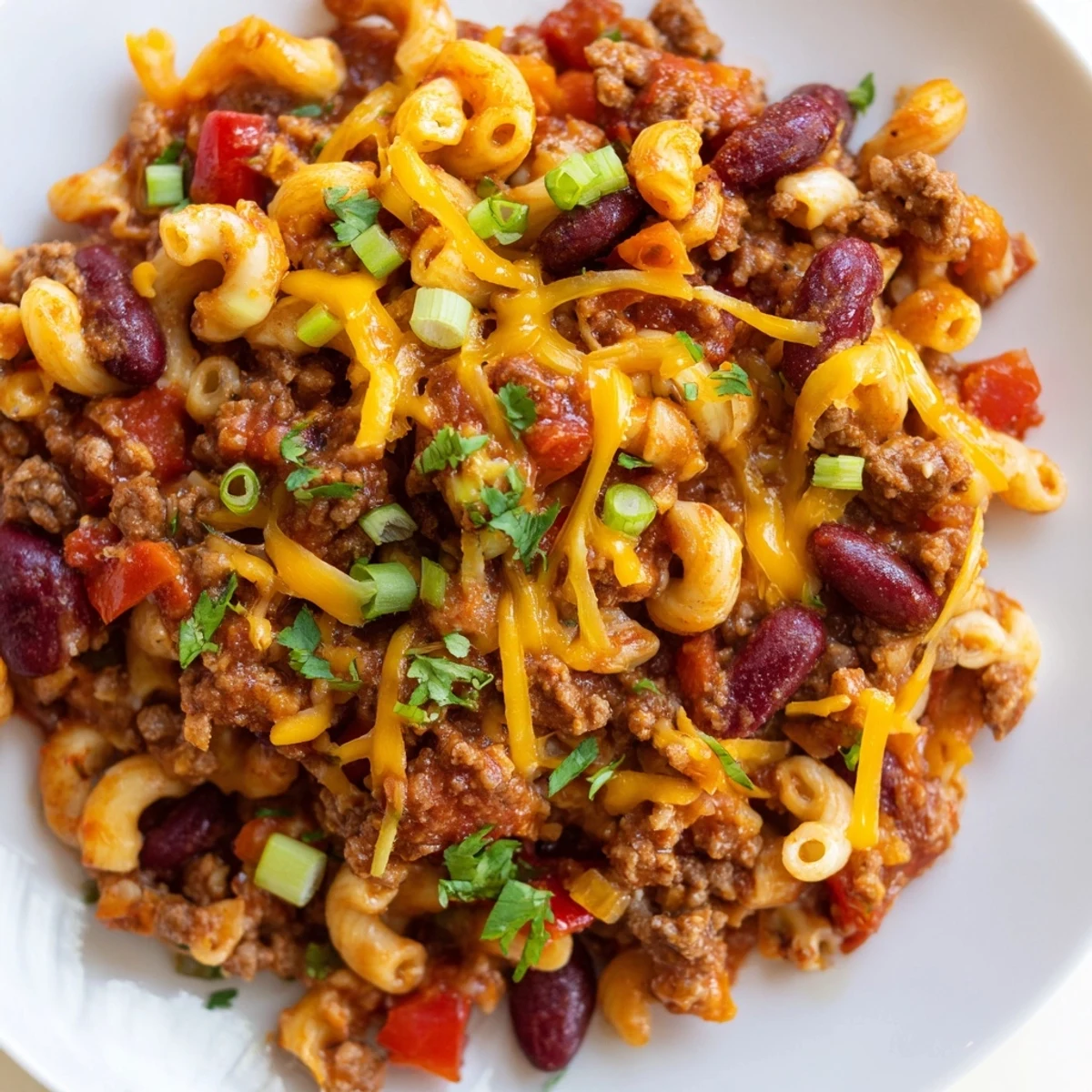 Creamy one-pot chili mac and cheese featuring elbow pasta, ground beef, and savory spices