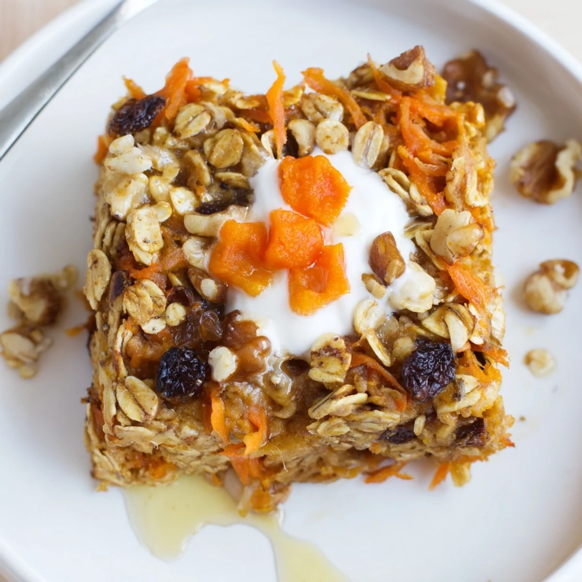 Warm Carrot Cake Baked Oatmeal, spiced aroma, tender oats and carrots.