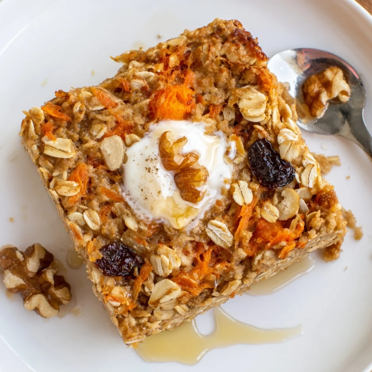 Sliced Carrot Cake Baked Oatmeal on plate, maple drizzle and yogurt.