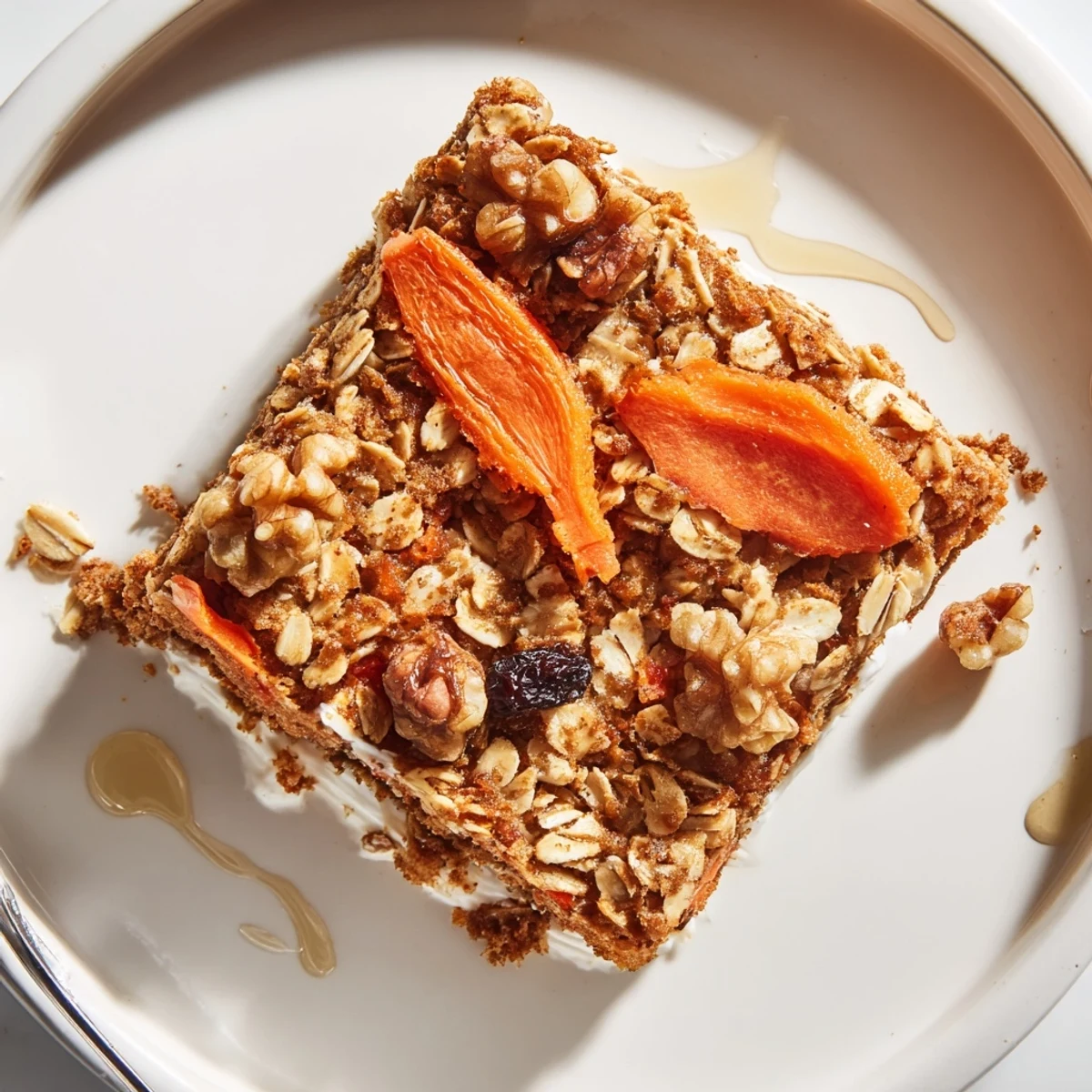 Golden-topped Carrot Cake Baked Oatmeal cooling in dish, raisins and walnuts visible.