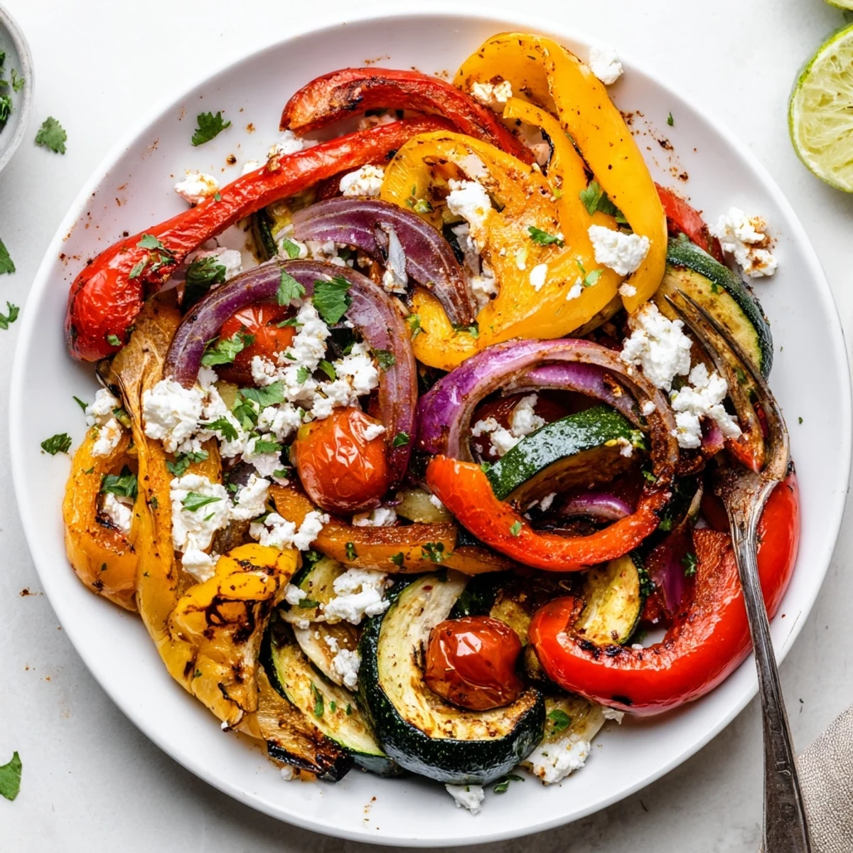 Tajin Feta Sheet Pan Fajitas with charred peppers, creamy feta, lime wedges.