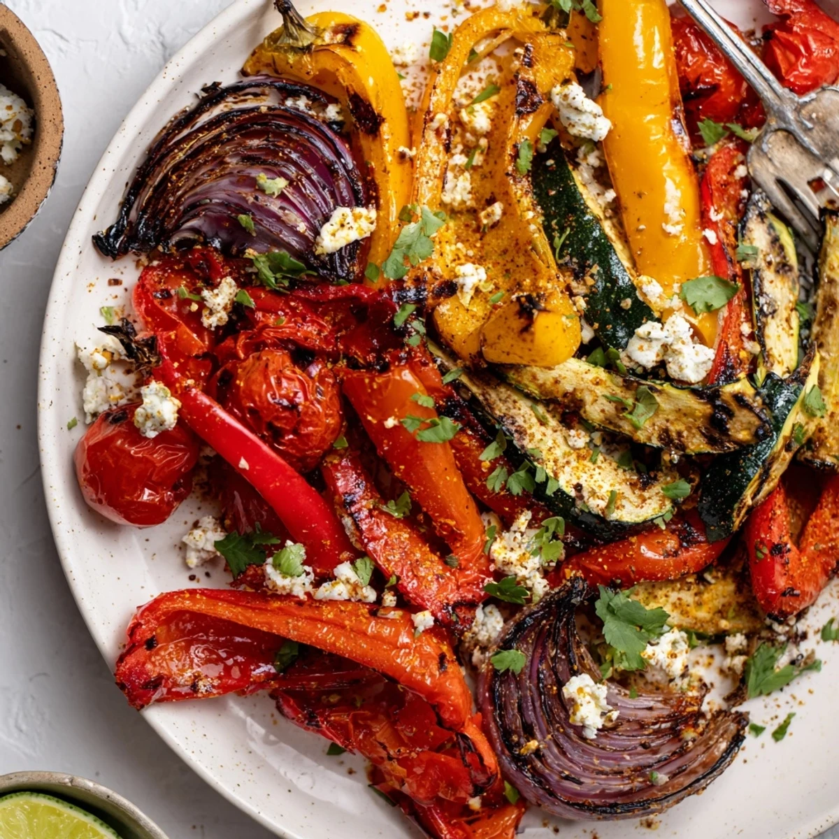 Roasted Tajin Feta Sheet Pan Fajitas piled in warm tortillas, cilantro.