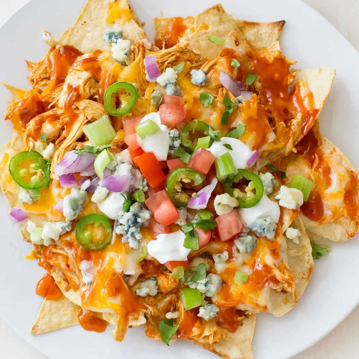 Oven hot Buffalo Chicken Nachos on a baking sheet, tangy sauce, blue cheese