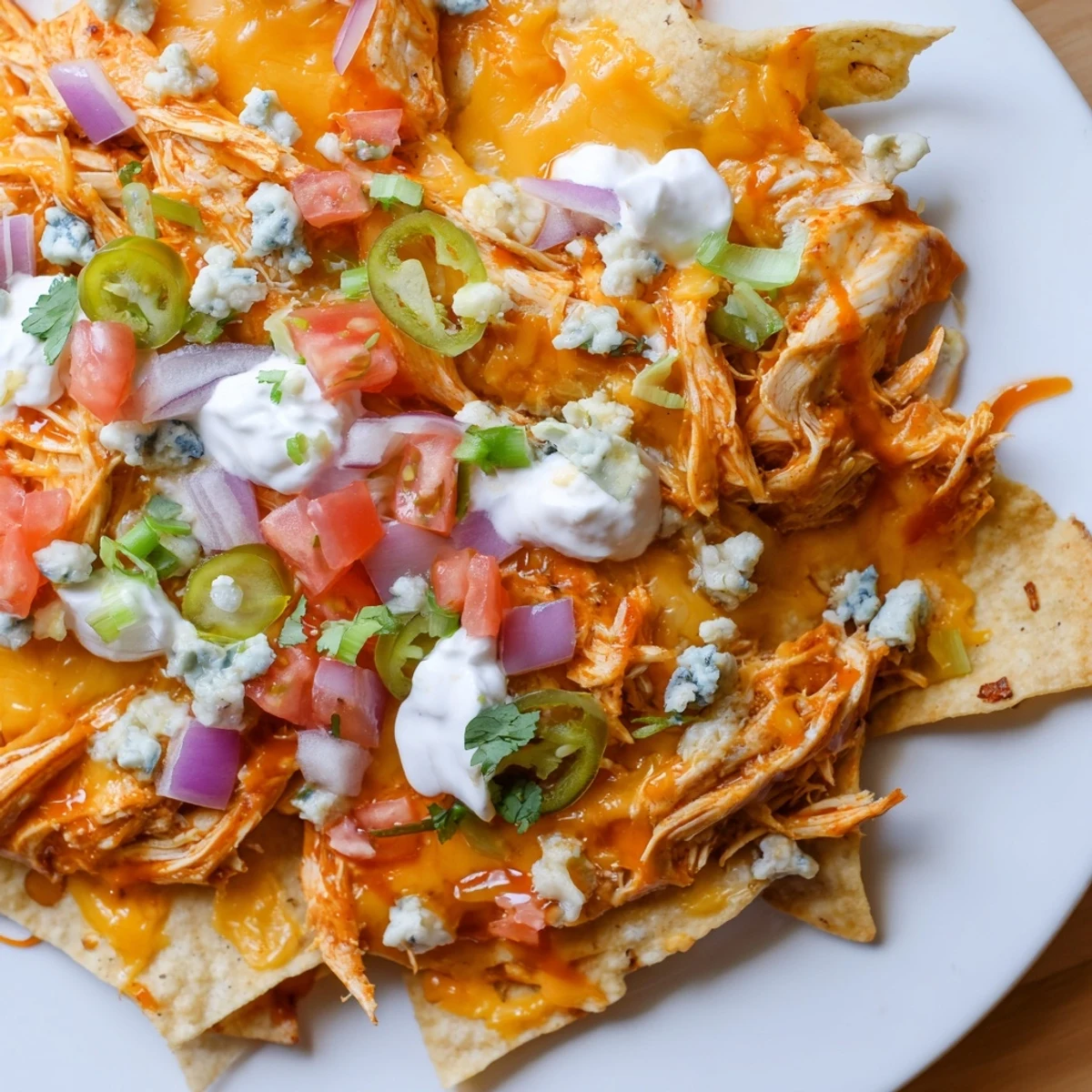 Buffalo Chicken Nachos piled high with melty cheese, spicy shredded chicken, cilantro