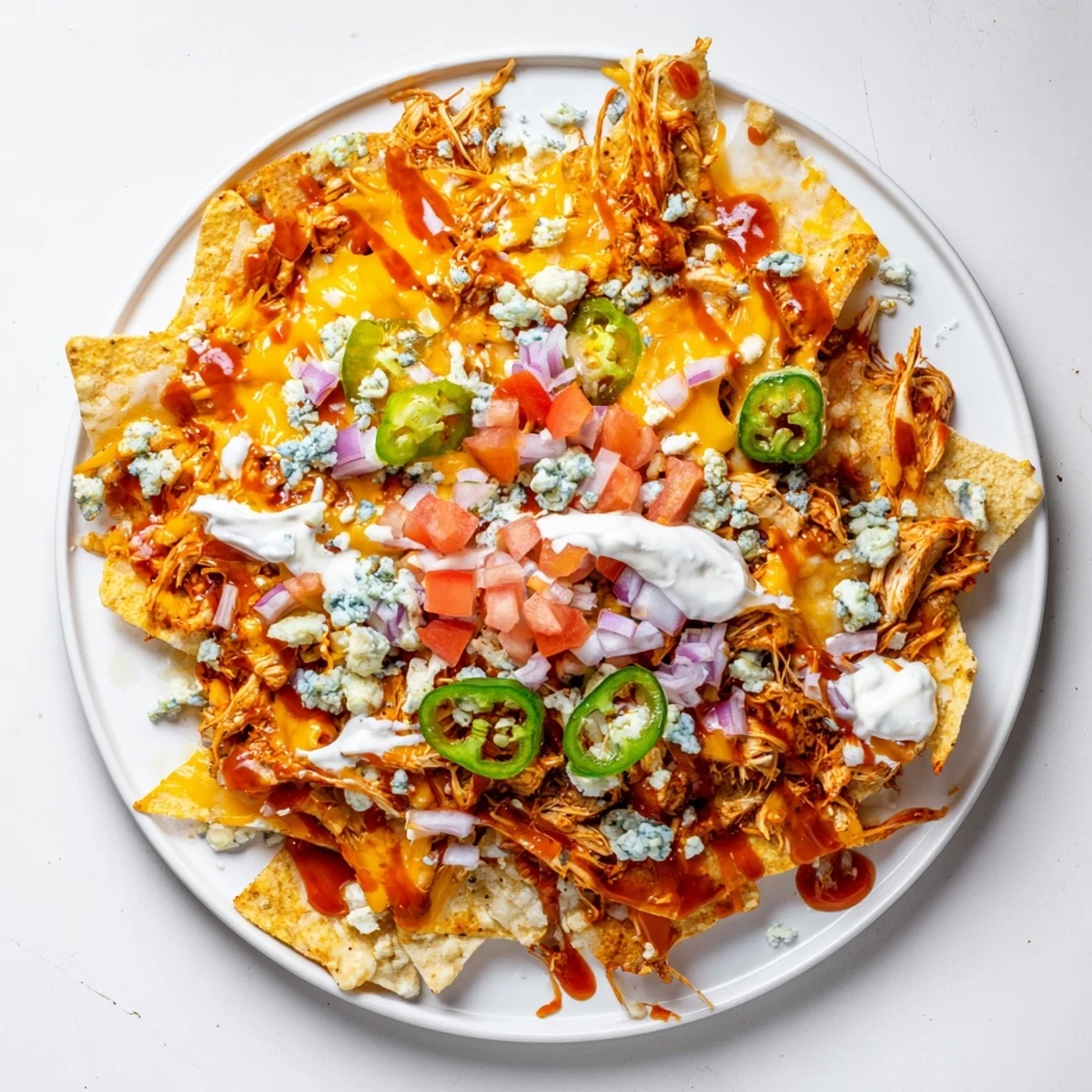 Game day Buffalo Chicken Nachos topped with sour cream dollops and sliced jalapeños