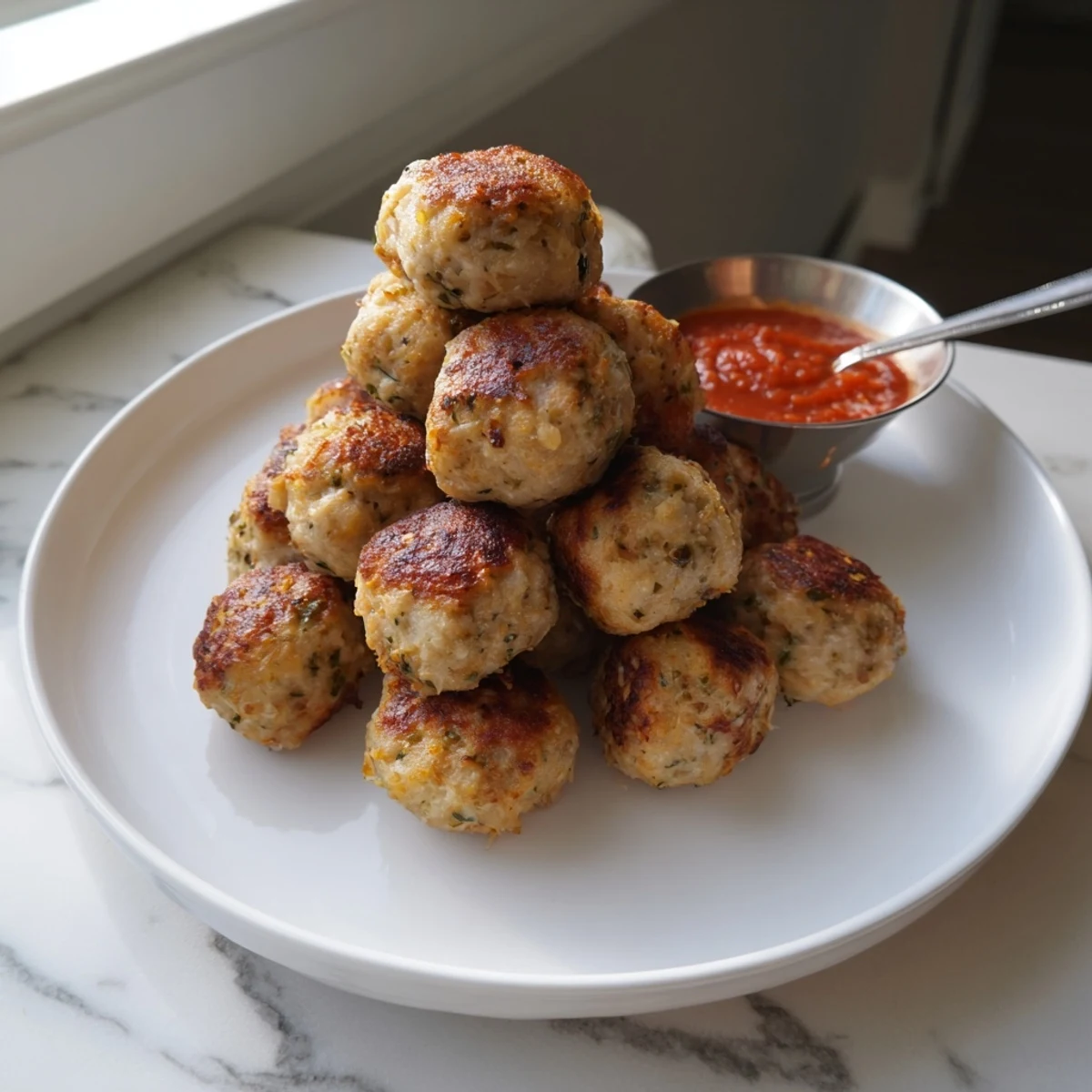 Juicy Chicken Meatballs sizzling golden in skillet, tender inside, served with marinara