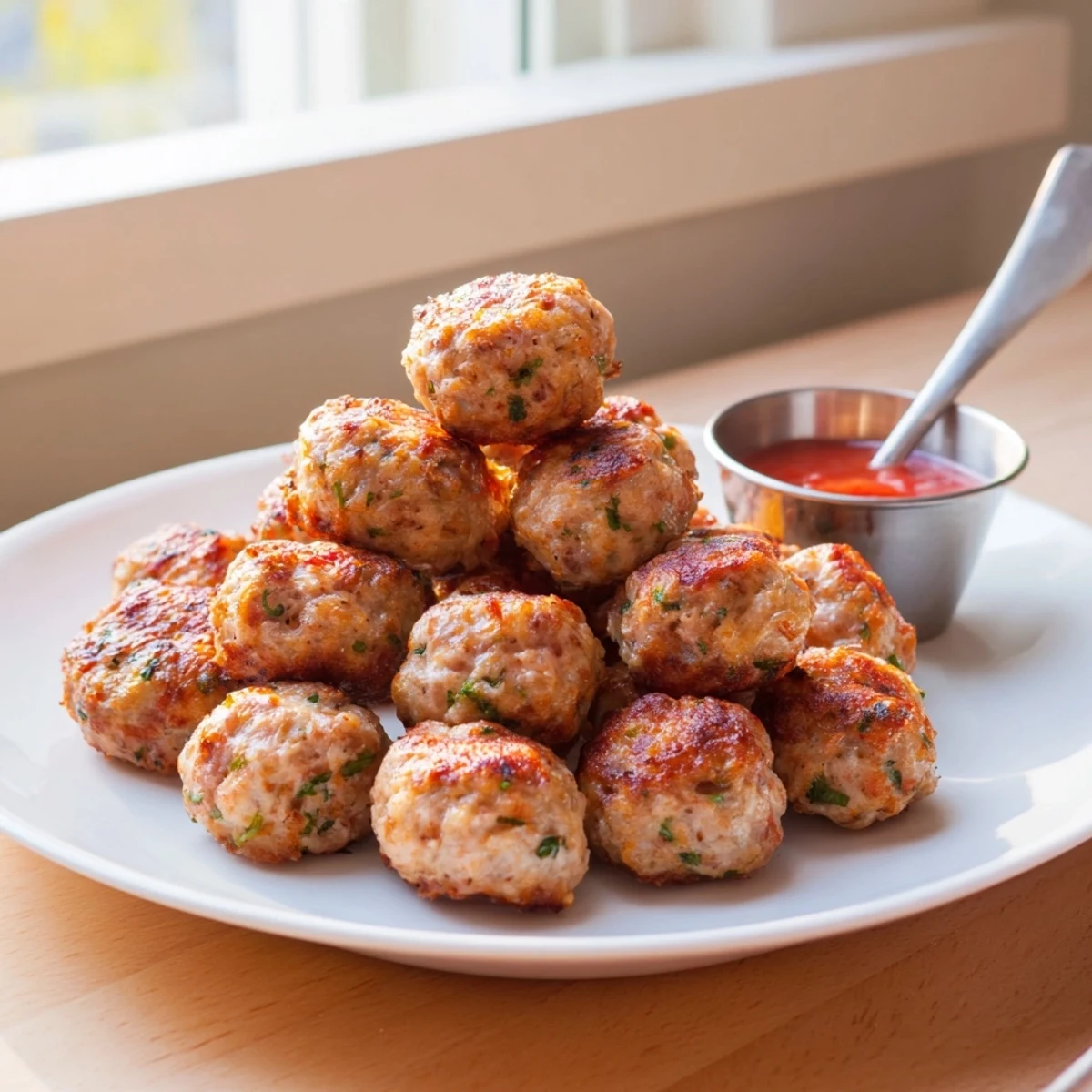 Warm Juicy Chicken Meatballs nestled on pasta, savory juices and parsley garnish