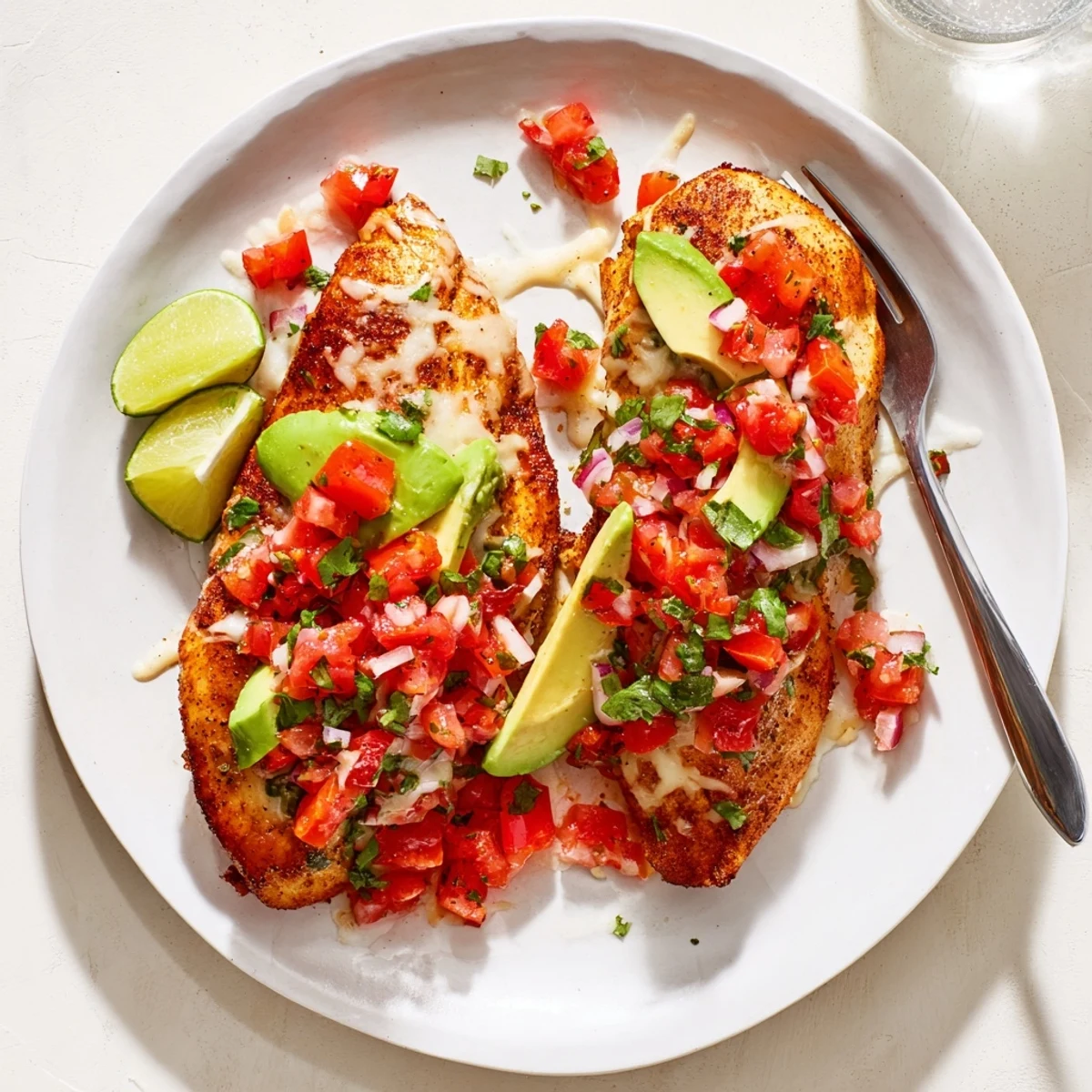 Salsa Fresca Chicken Bake with bubbling golden cheese and vibrant tomato salsa