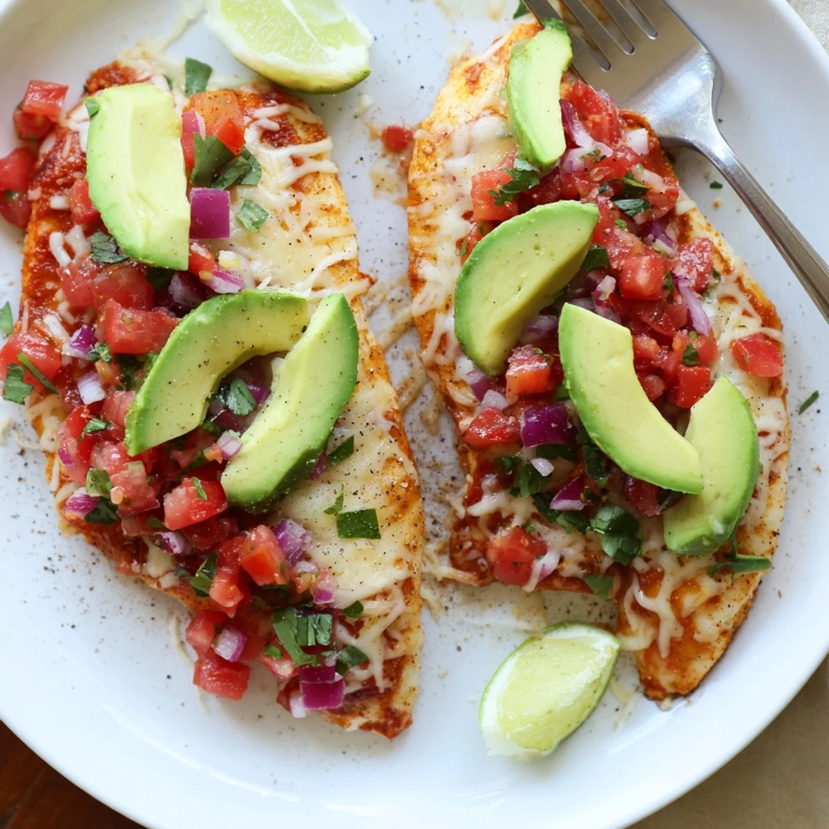 Juicy baked breasts in Salsa Fresca Chicken Bake, garnished with avocado