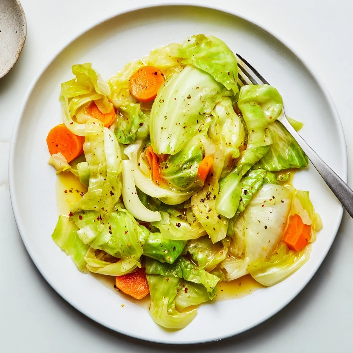 Savory Braised Cabbage Recipe plated beside roasted sausage, finished with bright apple cider vinaigrette
