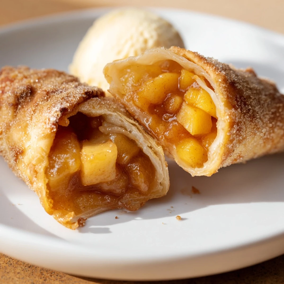 Golden Peach Cobbler Egg Rolls dusted with cinnamon sugar, served warm.