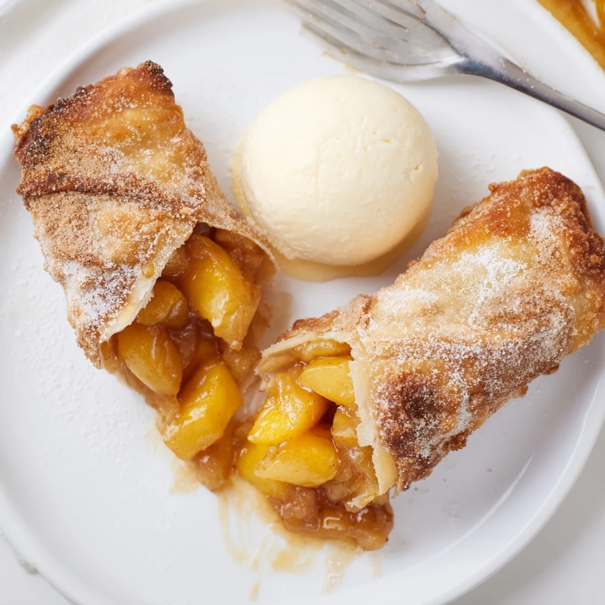 Crispy Peach Cobbler Egg Rolls oozing warm cinnamon filling, paired with vanilla ice cream.
