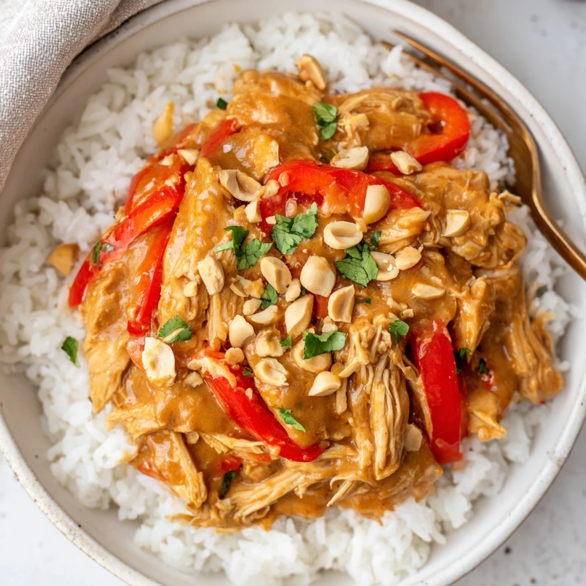 Crockpot Thai Peanut Chicken smothered in glossy sauce over jasmine rice  