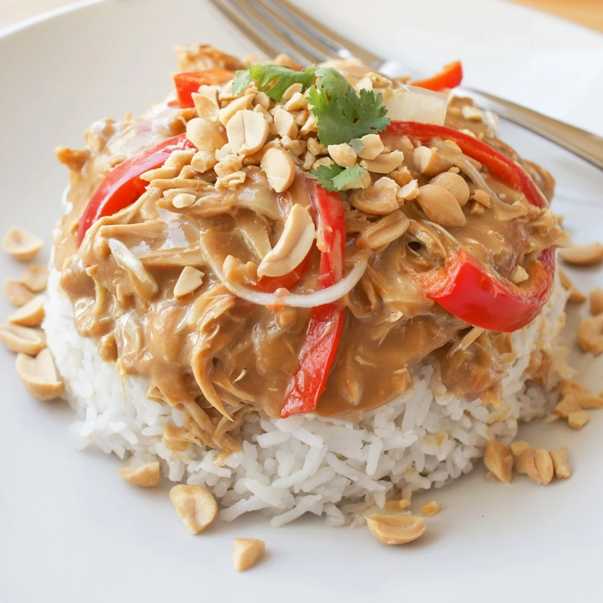Slow-cooked Crockpot Thai Peanut Chicken with tender shreds, chopped peanuts, cilantro  