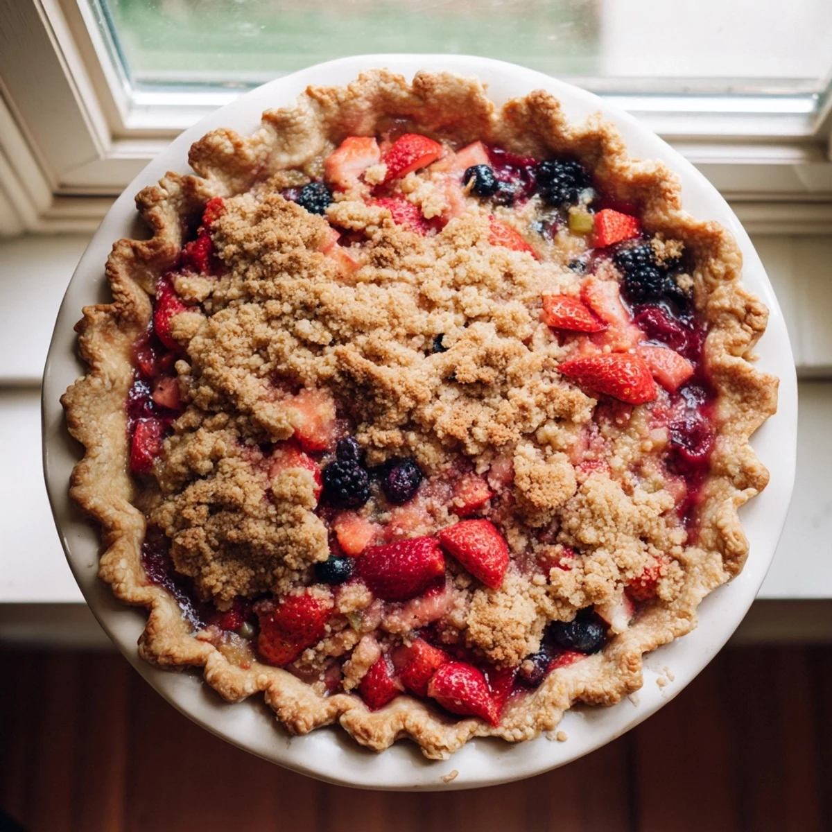 Golden sweet berry rhubarb dream pie with buttery crumble topping on serving plate