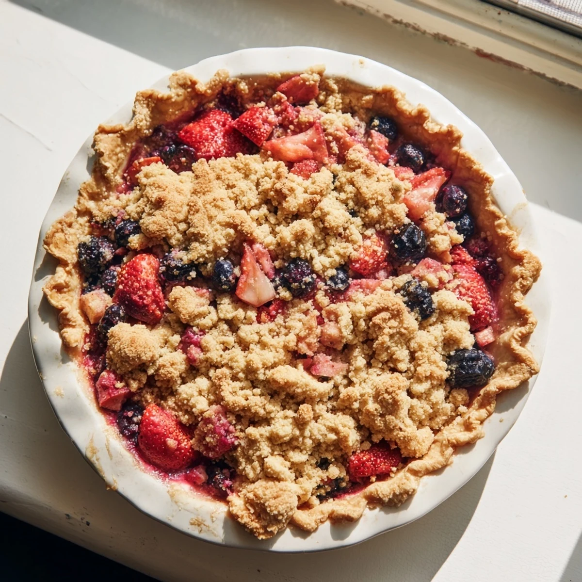 Slice of sweet berry rhubarb dream pie revealing colorful fruit filling and crumble