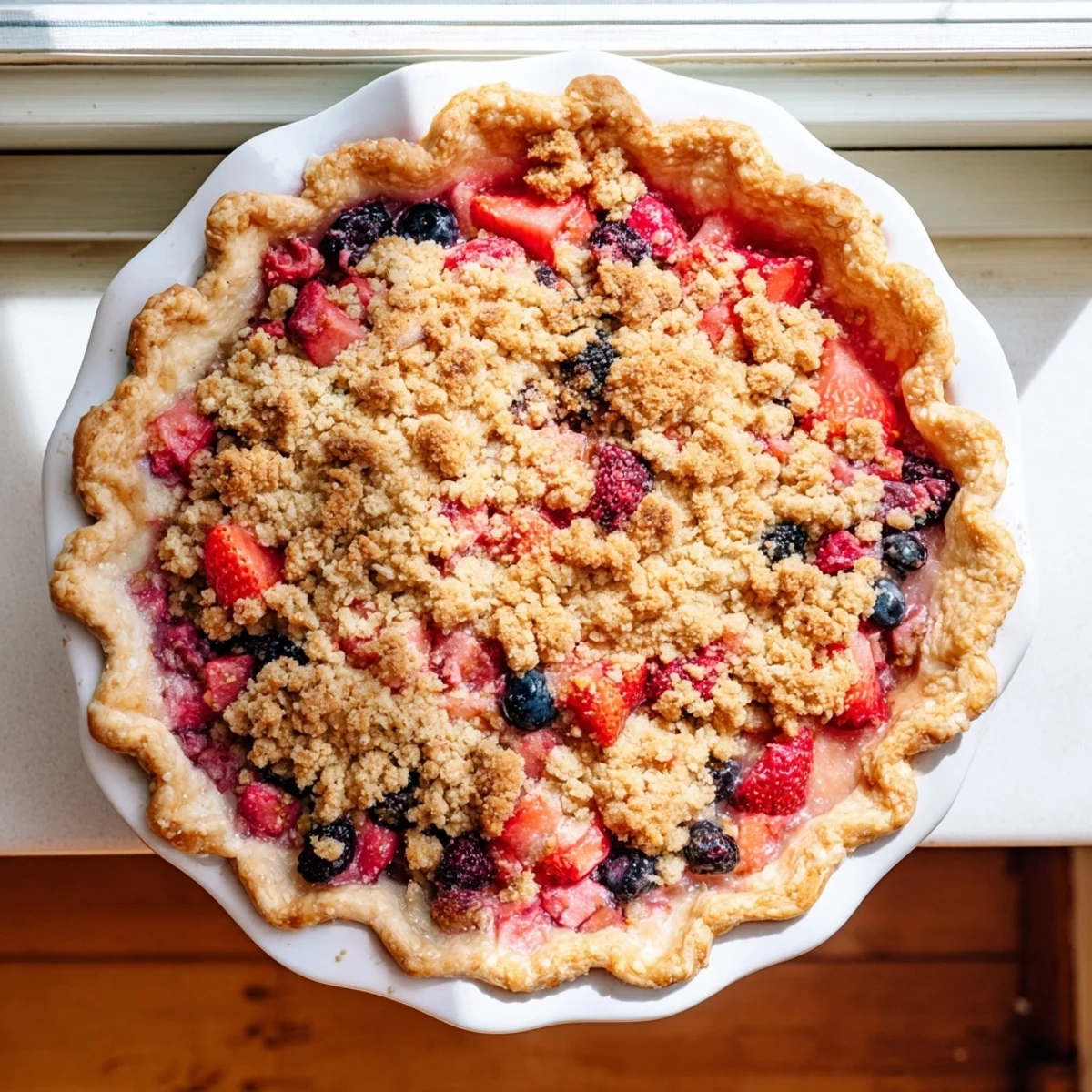 Baked sweet berry rhubarb dream pie cooling with bubbling red fruit and golden topping