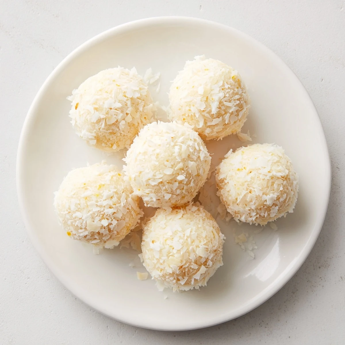 Golden Citrus Bliss Bites rolled in coconut on a white serving platter