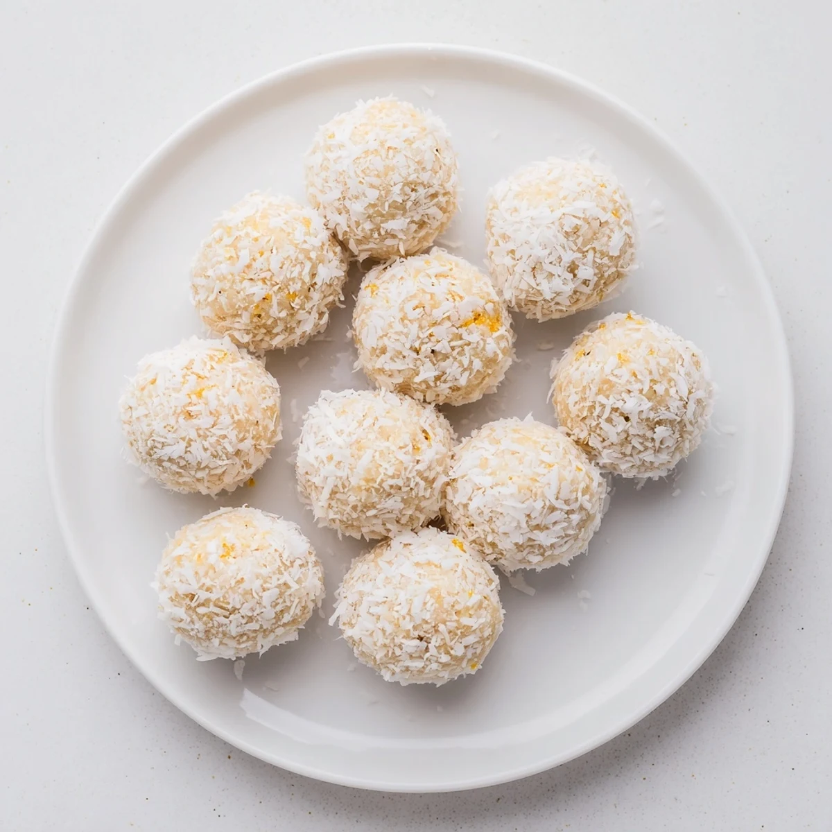 Bite-sized orange lemon coconut balls arranged on parchment paper for festive gatherings