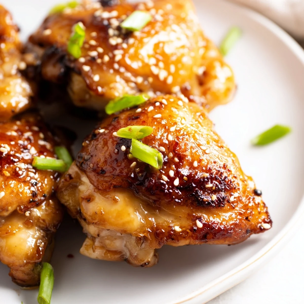 Golden bone-in teriyaki chicken thighs glistening with sweet savory glaze and sesame seeds