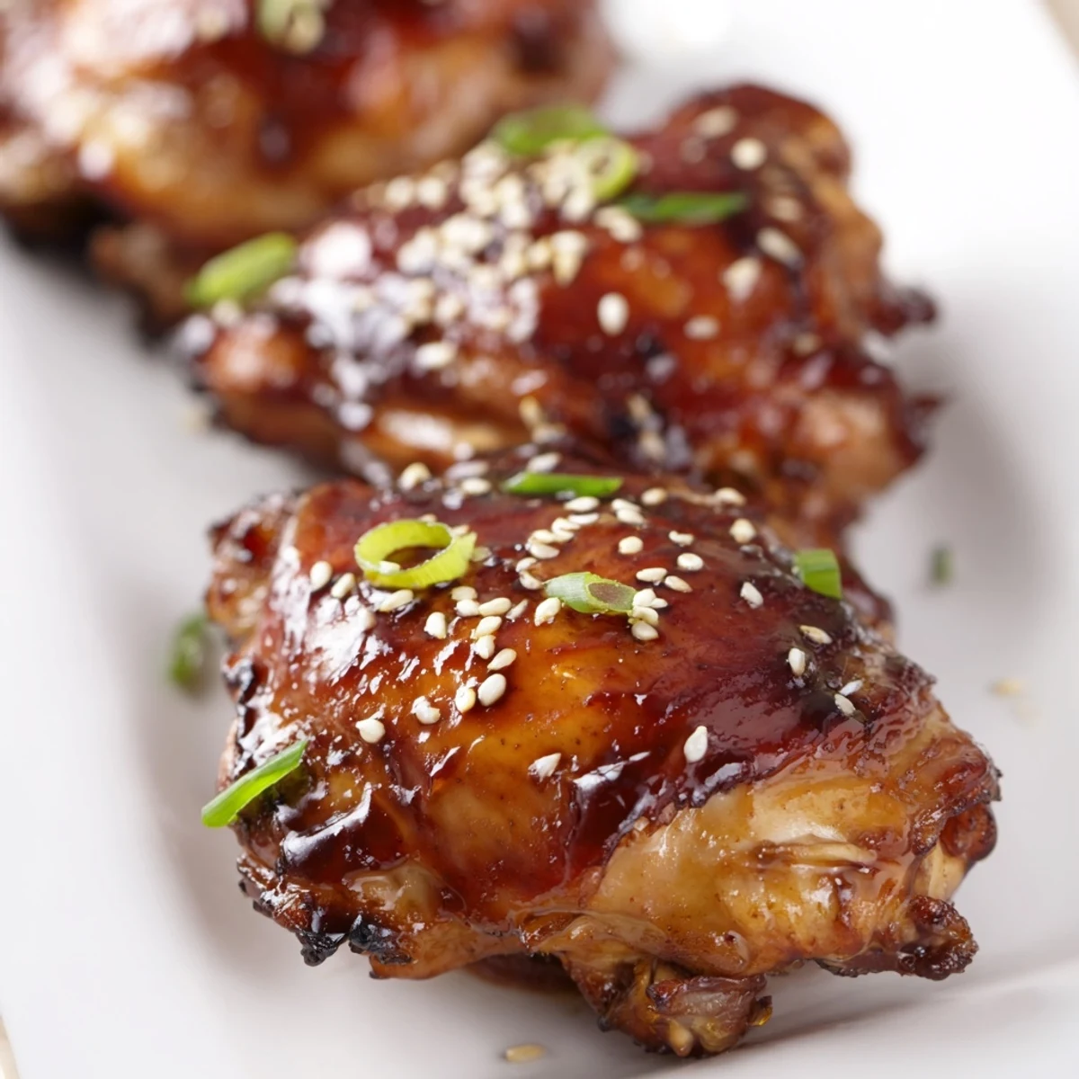 Crispy skinned bone-in teriyaki chicken thighs brushed with glossy homemade sauce and scallions