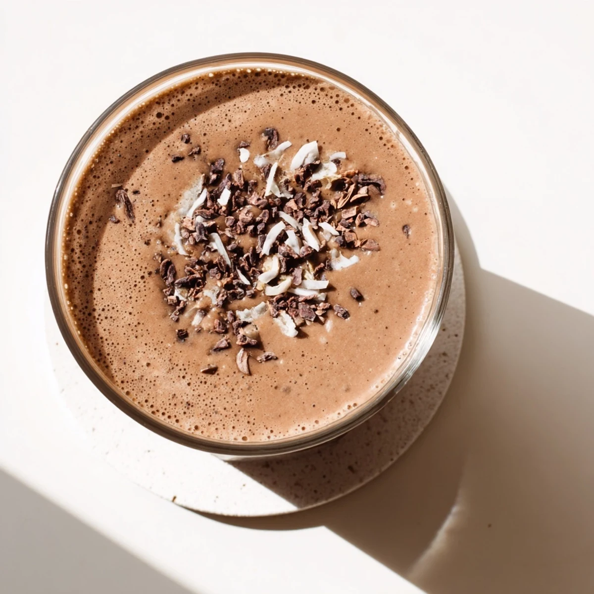 Glass of thick raw chocolate banana shake topped with cacao nibs on a wooden table