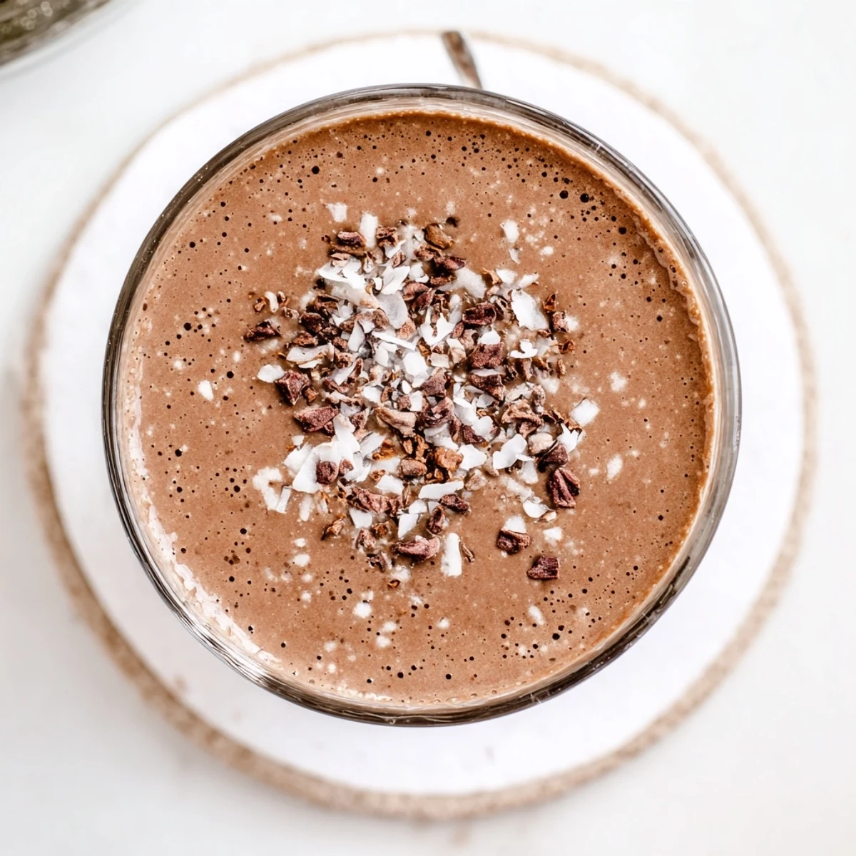 Creamy vegan raw chocolate banana shake poured into two tall glasses with frothy brown tops