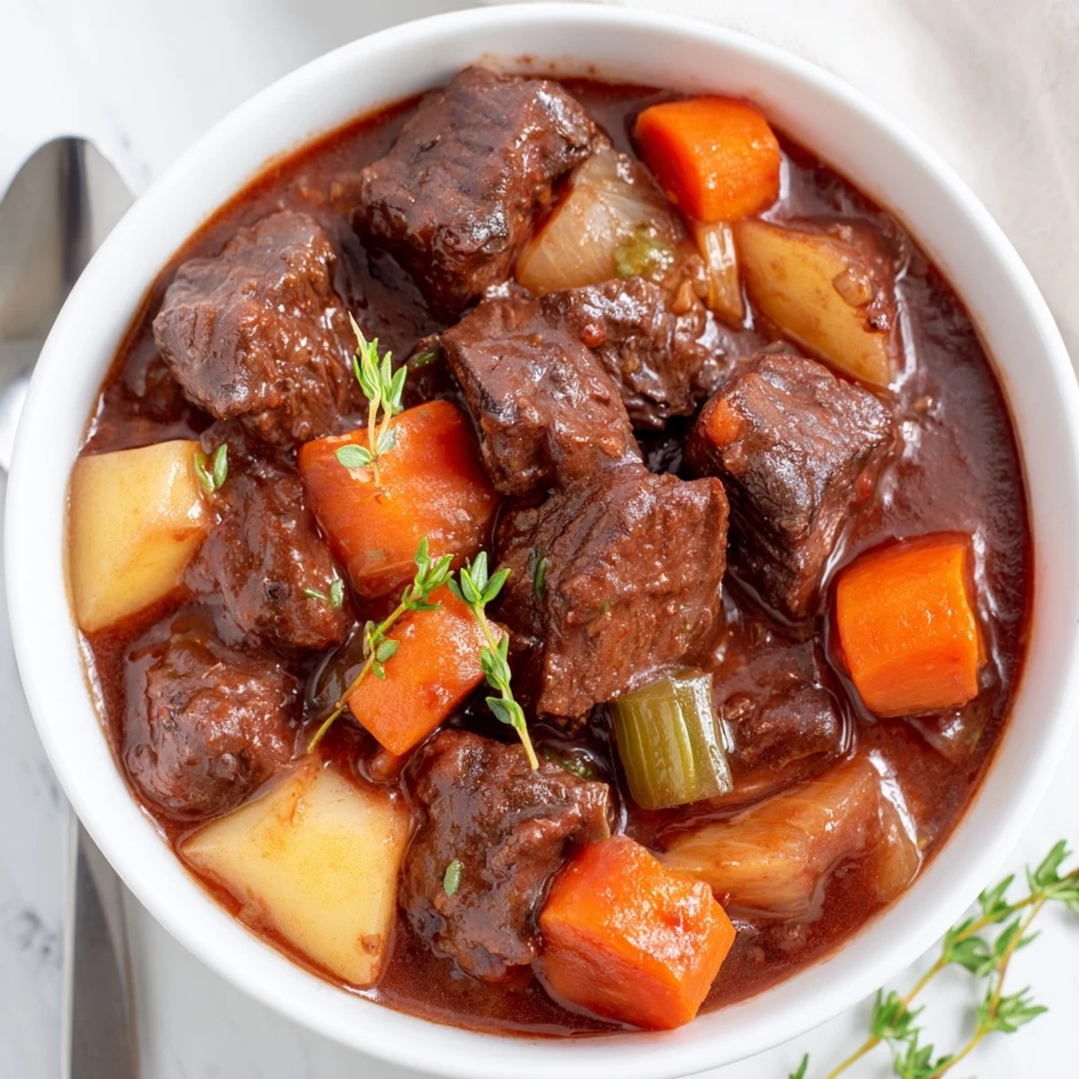 Golden brown beef cubes and tender vegetables swimming in rich Italian Spezzatino Di Manzo beef stew with red wine sauce